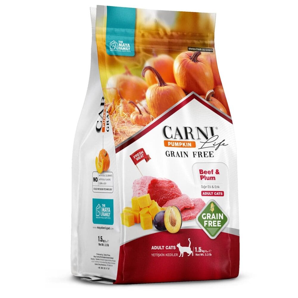 Maya Family Carni Life Pumpkin Grain Free 1.5kg Ξηρά Τροφή για Ενήλικες Γάτες με Μοσχάρι και Δαμάσκηνο